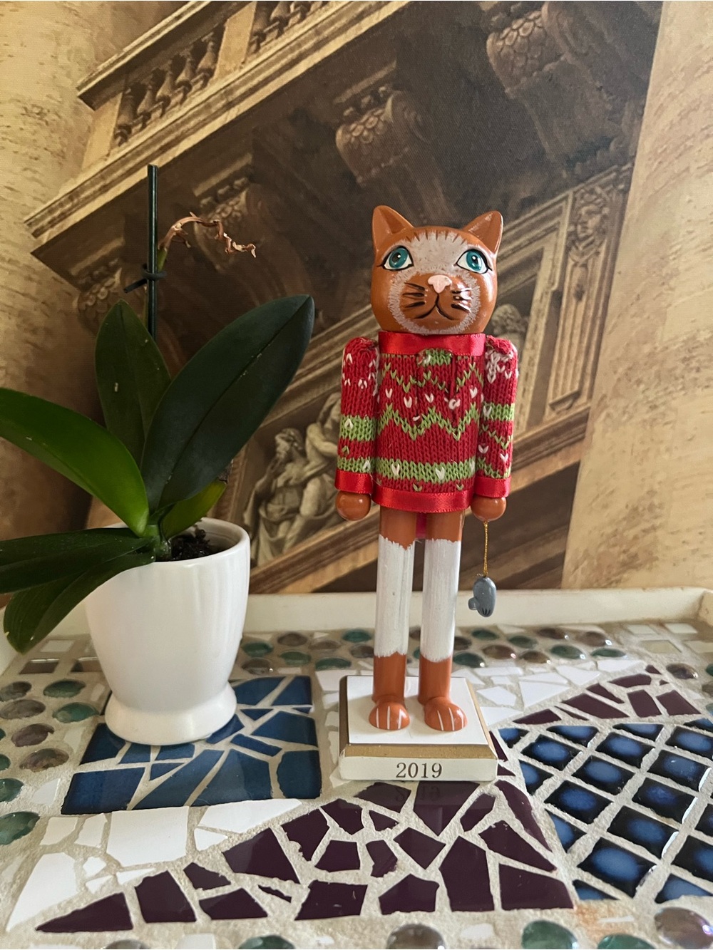 Wooden Cat Nutcracker Figurine in Red Sweater - 2019